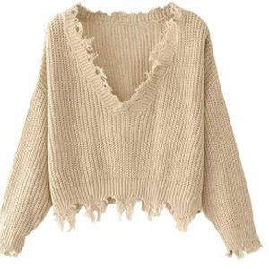 Women's Solid V Neck Loose Sweater Long Sleeve Rip